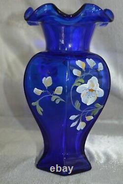 Elegant Fenton Art Glass Hand Painted Cobalt Blue Signed Vase, Limited Edition