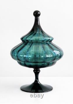 Empoli Glass Circus Top Blue Optic Art Glass Pedestal Jar Dish