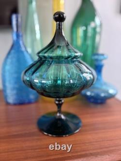 Empoli Glass Circus Top Blue Optic Art Glass Pedestal Jar Dish