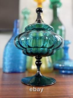 Empoli Glass Circus Top Blue Optic Art Glass Pedestal Jar Dish