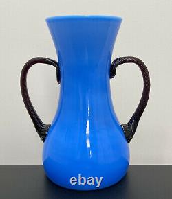 Empoli Italy Blue Art Glass Vase 8.75 Fratelli Betti Twist Handles Murano Blown