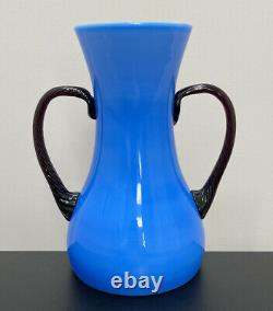 Empoli Italy Blue Art Glass Vase 8.75 Fratelli Betti Twist Handles Murano Blown