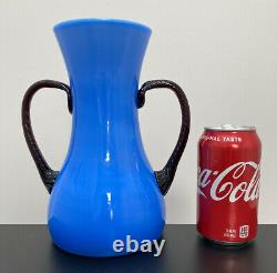 Empoli Italy Blue Art Glass Vase 8.75 Fratelli Betti Twist Handles Murano Blown