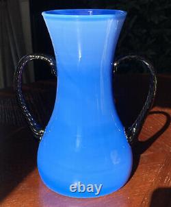 Empoli Italy Blue Art Glass Vase 8.75 Fratelli Betti Twist Handles Murano Blown