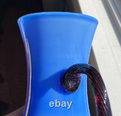 Empoli Italy Blue Art Glass Vase 8.75 Fratelli Betti Twist Handles Murano Blown