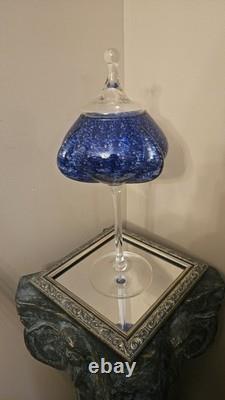 Empoli Italy Mid-Century Modern Cobalt Footed Candy Dish Optic Bubbles Rare