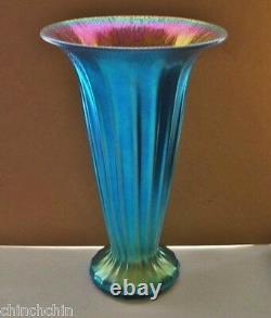 Entrancing IRIDESCENT Interior LUNDBERG ART Glass VASE Ribbed BLUE AURENE 6High