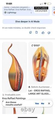 Eros Raffael Signed Art Glass Vase Hand Blown Abstract Blue Orange Decorative