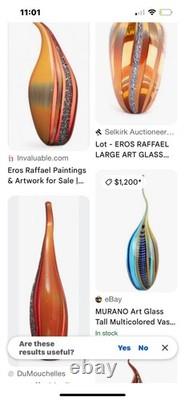 Eros Raffael Signed Art Glass Vase Hand Blown Abstract Blue Orange Decorative