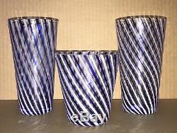 Estate Mid Century Murano Venetian Blue White Ribbon Art Glass Tumbler Vase Trio