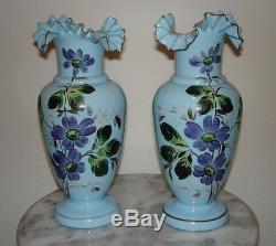 European Opaque Blue Victorian Art Glass Enameled Vases