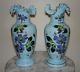 European Opaque Blue Victorian Art Glass Enameled Vases