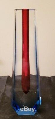 Exbor Czechoslovakia Art Glass Submerged Vase 10 7/8 Blue & Cranberry