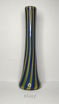 Exclusive Bruno Andrus Signed Art Blue/Yellow Striped Glass Vase Canadian 12.75