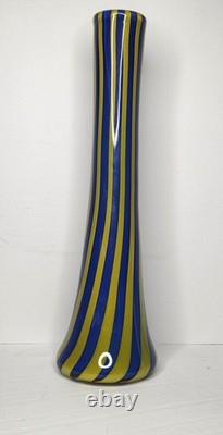 Exclusive Bruno Andrus Signed Art Blue/Yellow Striped Glass Vase Canadian 12.75