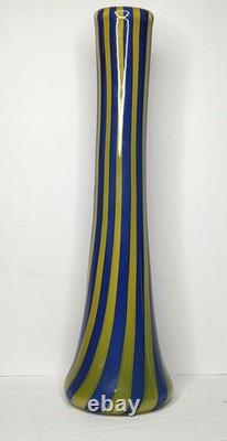 Exclusive Bruno Andrus Signed Art Blue/Yellow Striped Glass Vase Canadian 12.75