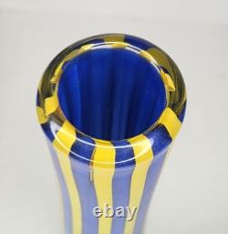 Exclusive Bruno Andrus Signed Art Blue/Yellow Striped Glass Vase Canadian 12.75