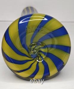 Exclusive Bruno Andrus Signed Art Blue/Yellow Striped Glass Vase Canadian 12.75