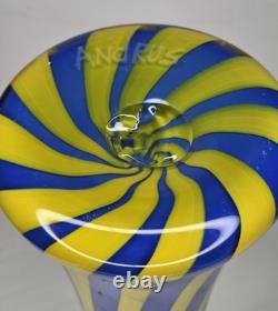 Exclusive Bruno Andrus Signed Art Blue/Yellow Striped Glass Vase Canadian 12.75