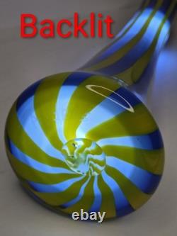 Exclusive Bruno Andrus Signed Art Blue/Yellow Striped Glass Vase Canadian 12.75