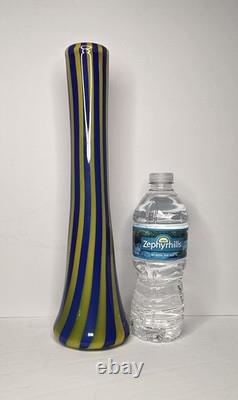 Exclusive Bruno Andrus Signed Art Blue/Yellow Striped Glass Vase Canadian 12.75