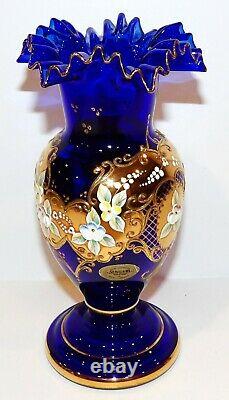 Exquisite Bohemian/czech Art Glass Cobalt Blue Enamel Flowers Gold Gilt 8 Vase