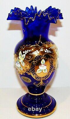 Exquisite Bohemian/czech Art Glass Cobalt Blue Enamel Flowers Gold Gilt 8 Vase