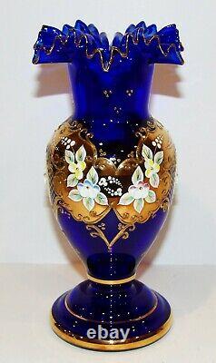 Exquisite Bohemian/czech Art Glass Cobalt Blue Enamel Flowers Gold Gilt 8 Vase