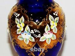 Exquisite Bohemian/czech Art Glass Cobalt Blue Enamel Flowers Gold Gilt 8 Vase