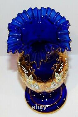 Exquisite Bohemian/czech Art Glass Cobalt Blue Enamel Flowers Gold Gilt 8 Vase