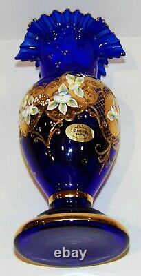 Exquisite Bohemian/czech Art Glass Cobalt Blue Enamel Flowers Gold Gilt 8 Vase