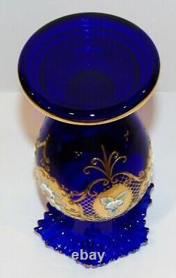 Exquisite Bohemian/czech Art Glass Cobalt Blue Enamel Flowers Gold Gilt 8 Vase