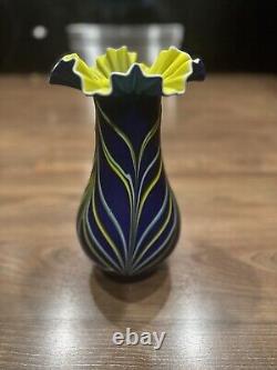 Exquisite Tall Blue Vase with Yellow Frilled Edge 13.5 Tall Rare