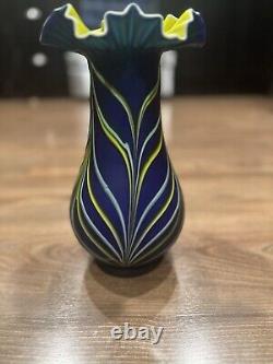 Exquisite Tall Blue Vase with Yellow Frilled Edge 13.5 Tall Rare