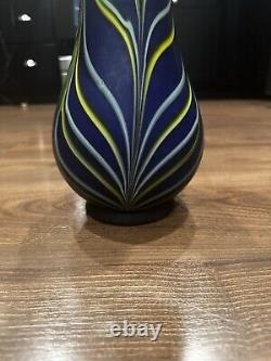 Exquisite Tall Blue Vase with Yellow Frilled Edge 13.5 Tall Rare