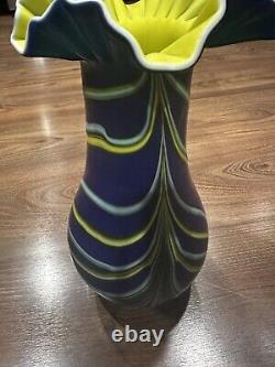 Exquisite Tall Blue Vase with Yellow Frilled Edge 13.5 Tall Rare