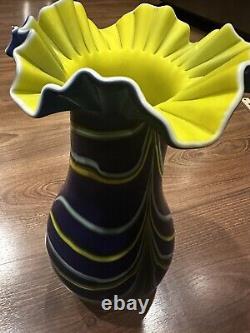 Exquisite Tall Blue Vase with Yellow Frilled Edge 13.5 Tall Rare