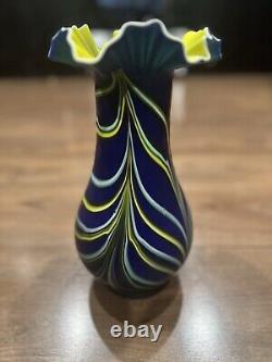 Exquisite Tall Blue Vase with Yellow Frilled Edge 13.5 Tall Rare