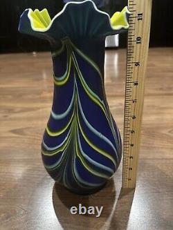 Exquisite Tall Blue Vase with Yellow Frilled Edge 13.5 Tall Rare