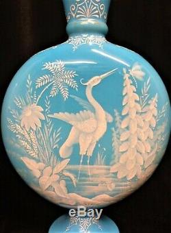 Extremely Rare Large Moser Harrach Heron Bird Enameled Blue Art Glass Vase