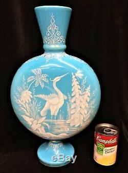 Extremely Rare Large Moser Harrach Heron Bird Enameled Blue Art Glass Vase