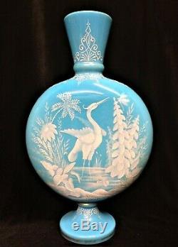 Extremely Rare Large Moser Harrach Heron Bird Enameled Blue Art Glass Vase