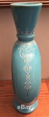 Extremely Rare Large Moser Harrach Heron Bird Enameled Blue Art Glass Vase