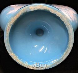 Extremely Rare Large Moser Harrach Heron Bird Enameled Blue Art Glass Vase