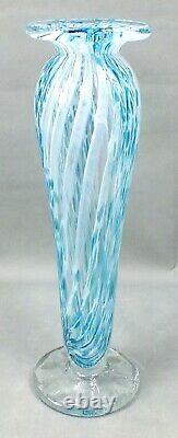 FEATHER SWIRL Hand Crafted ART GLASS Tall Blue White Clear VASE