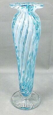 FEATHER SWIRL Hand Crafted ART GLASS Tall Blue White Clear VASE