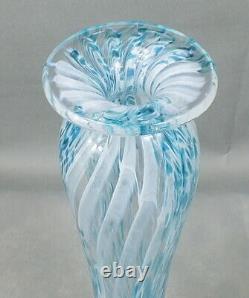 FEATHER SWIRL Hand Crafted ART GLASS Tall Blue White Clear VASE