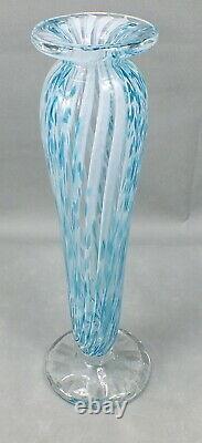 FEATHER SWIRL Hand Crafted ART GLASS Tall Blue White Clear VASE