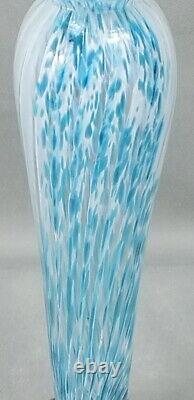 FEATHER SWIRL Hand Crafted ART GLASS Tall Blue White Clear VASE