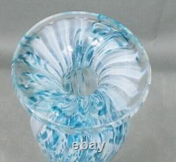 FEATHER SWIRL Hand Crafted ART GLASS Tall Blue White Clear VASE